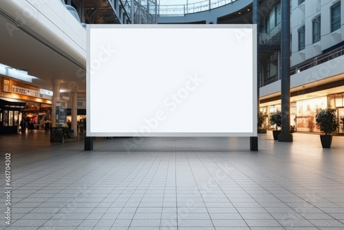Mockup of blank big white screen in background of shopping mail center. Promotion concept of media and advertising.
