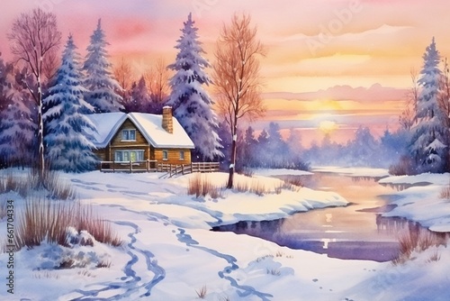 Generative AI : Watercolor Winter Landscape. Beautiful House in the evening. © The Little Hut