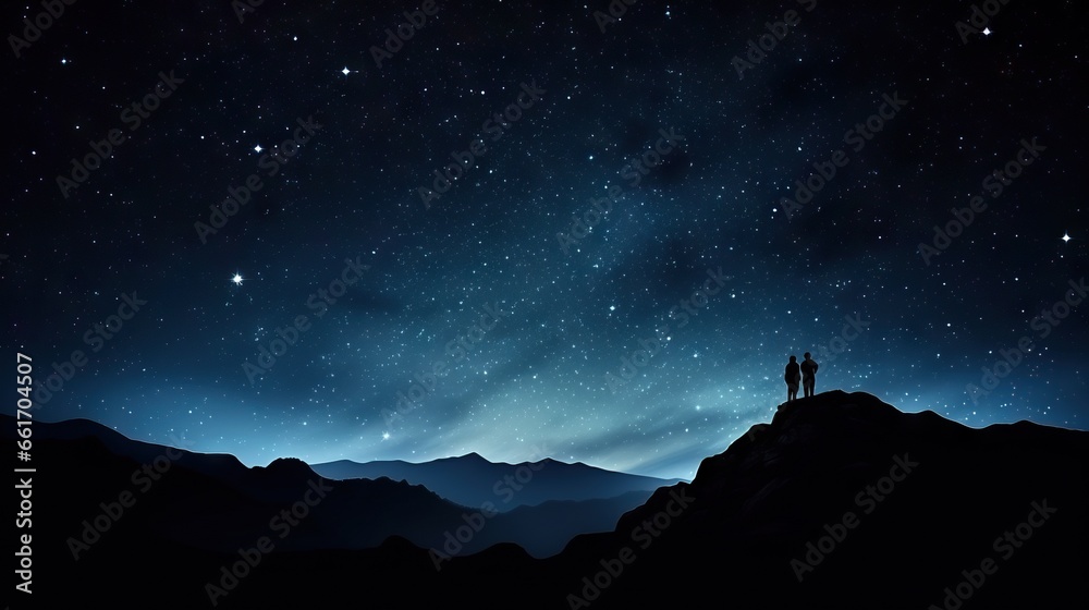 Dark silhouette of young couple hiker were standing at the top of the mountain looking at the stars at twilight sky.