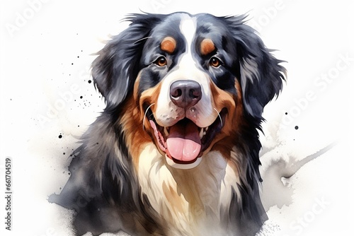 Generative AI : Bernese Mountain Dog watercolor portrait painting illustrated dog puppy isolated on white background © The Little Hut