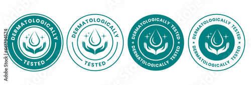 Set dermatologically tested vector label with water drop, leaf and hand logo. Dermatology test and dermatologist clinically proven icon for allergy free and healthy safe product package tag.