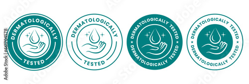 Set dermatologically tested vector label with water drop, leaf and hand logo. Dermatology test and dermatologist clinically proven icon for allergy free and healthy safe product package tag.