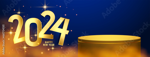 3d podium platform with smoke effect banner for 2024 new year
