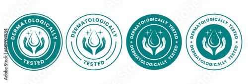 Set dermatologically tested vector label with water drop, leaf and hand logo. Dermatology test and dermatologist clinically proven icon for allergy free and healthy safe product package tag.
