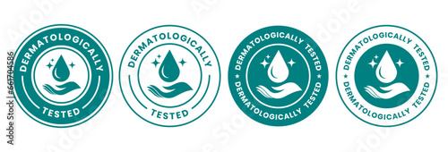 Set dermatologically tested vector label with water drop, leaf and hand logo. Dermatology test and dermatologist clinically proven icon for allergy free and healthy safe product package tag.