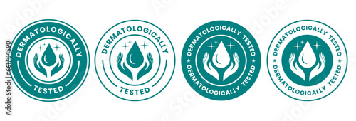 Set dermatologically tested vector label with water drop, leaf and hand logo. Dermatology test and dermatologist clinically proven icon for allergy free and healthy safe product package tag.