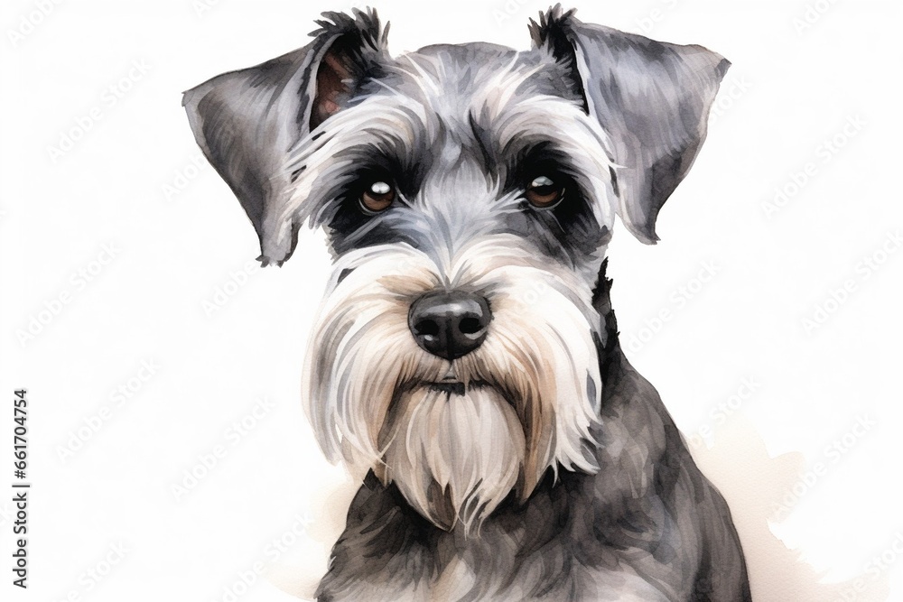 Generative AI : Miniture schnauzer watercolor portrait painting illustrated dog puppy isolated on white background