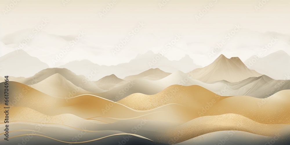 Generative AI : Gold mountain wallpaper design with landscape line arts. 