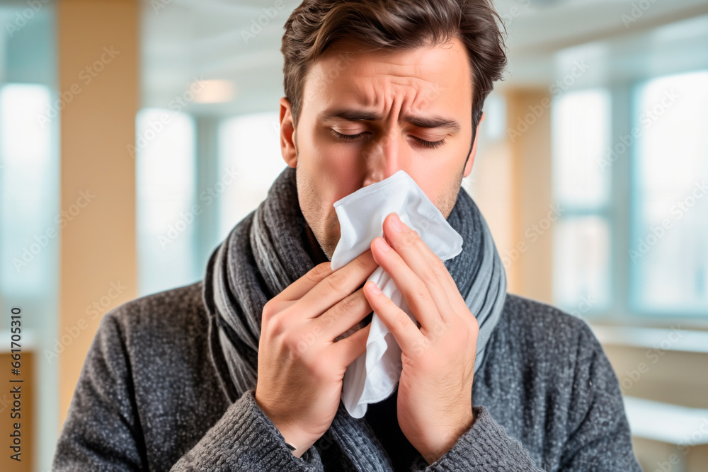 man with cold symptoms, feeling unwell, constipated, headache, home interior background man with cold symptoms, feeling unwell, constipated, headache, home interior background