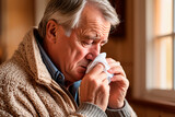 older man, flu, worried, warm clothing, with cold symptoms, feeling unwell, constipated, headache, home interior background