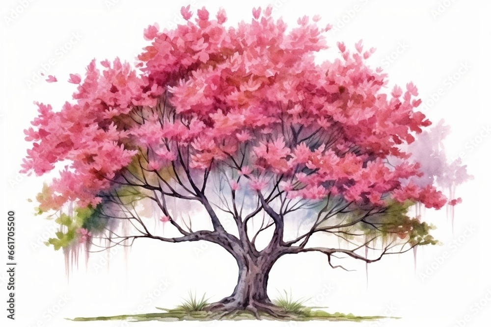 Generative AI : watercolor blooming flower tree or forest side view isolated on white background for landscape