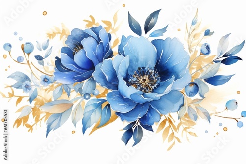 Generative AI : Blue flowers with golden leaves watercolor illustration, floral luxury art design. 
