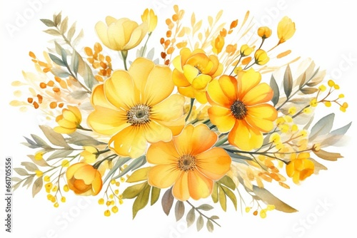 Generative AI : Yellow Watercolor Floral round Bouquet Isolated on white Background.