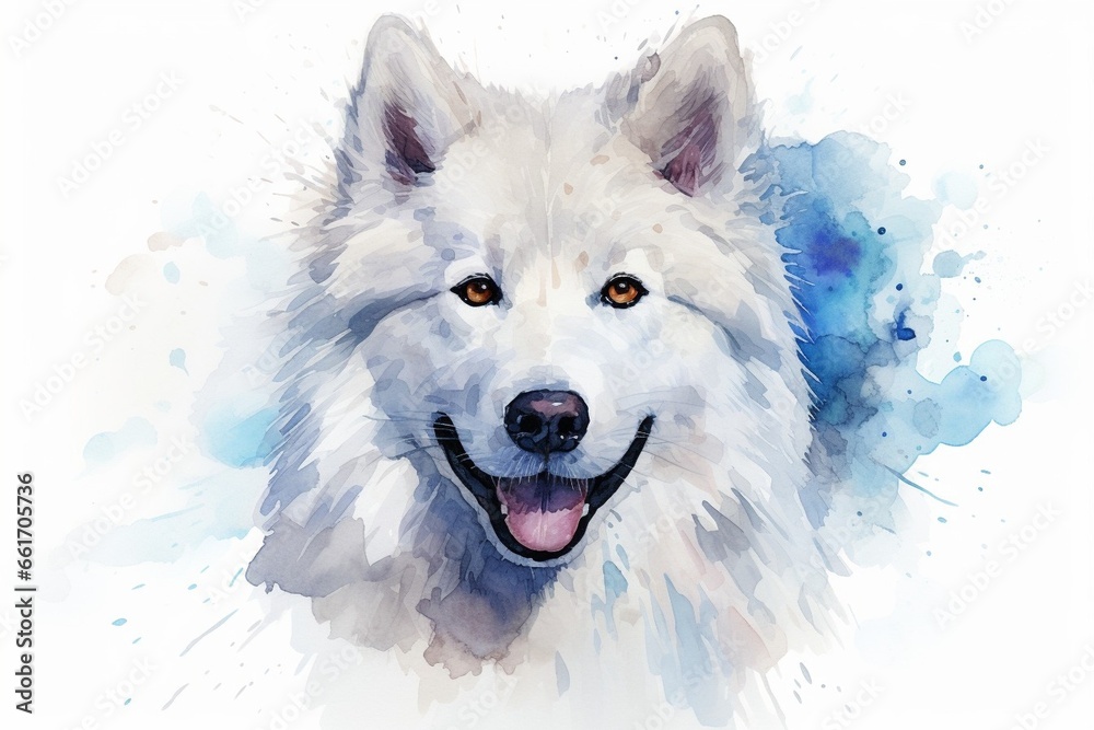 Generative AI : Samoyed watercolor portrait painting illustrated dog puppy isolated on white  - obrazy, fototapety, plakaty 