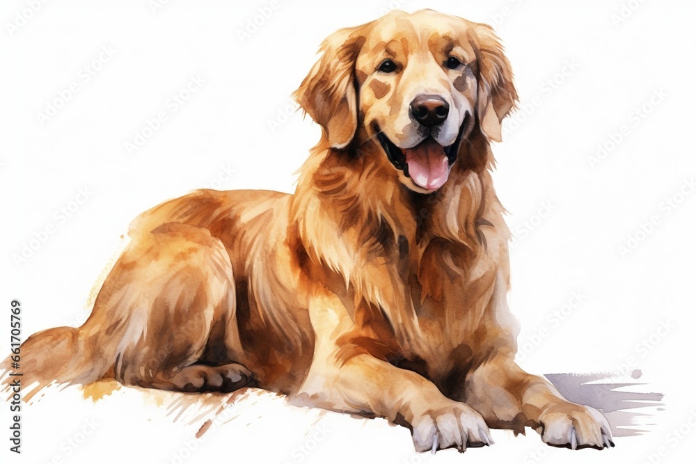 Generative AI : Watercolor golden retriever sitting layer path, clipping path isolated on white background.