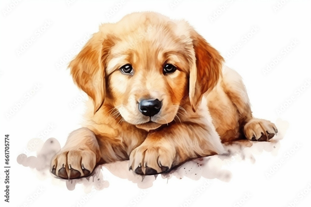 Generative AI : Cute Golden retriever puppy Watercolor isolated on white background. 