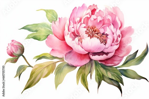 Generative AI   Watercolor pink peony. Hand drawn botanical illustration