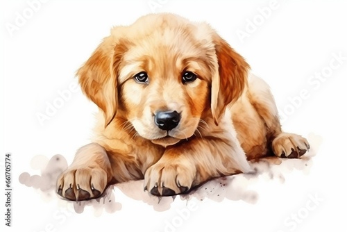 Generative AI : Cute Golden retriever puppy Watercolor isolated on white background. 