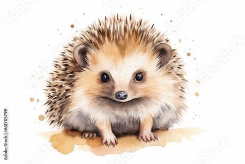 Generative AI : watercolor drawing of porcupine or hedgehog isolated on white photo