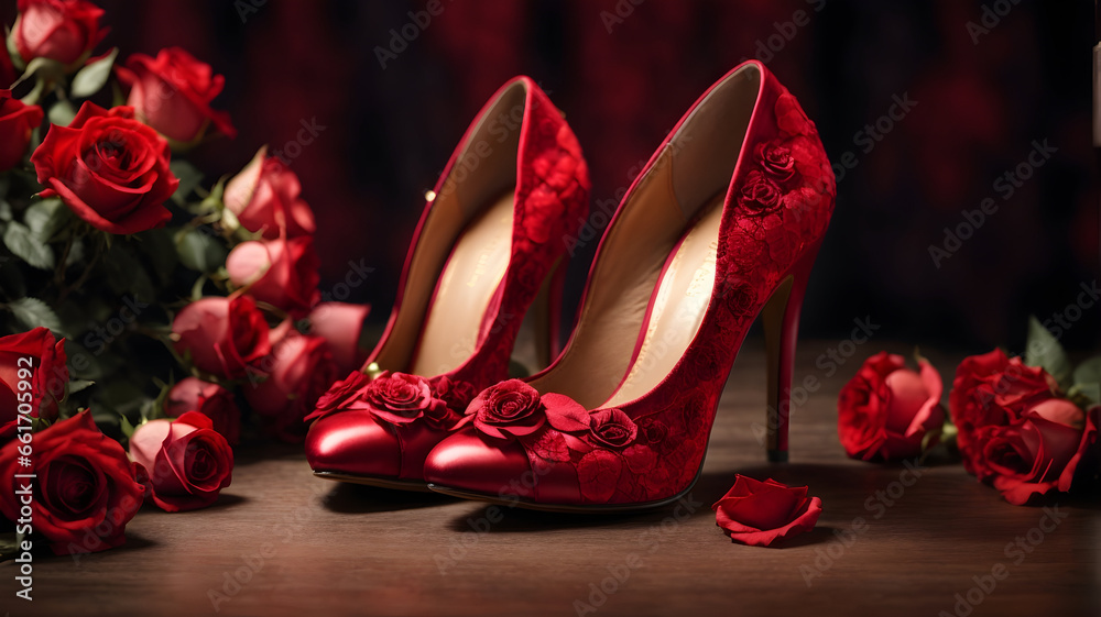 8K photography of A red color high heels shoes with red rose flower texture. Elegant women's high-heeled shoes.  - obrazy, fototapety, plakaty 