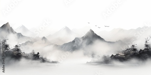 Generative AI : Stylized black ink wash painting of mountains. 
