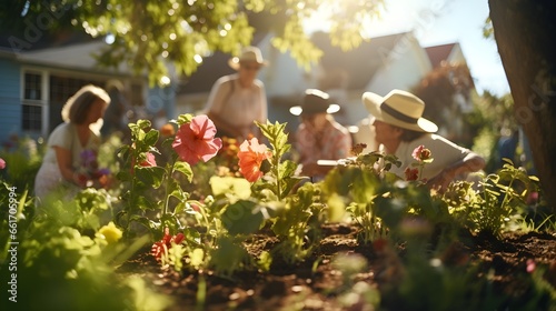 Radiant Moments: People Basking Amidst Blooming Flowers under Golden Sunlight photo