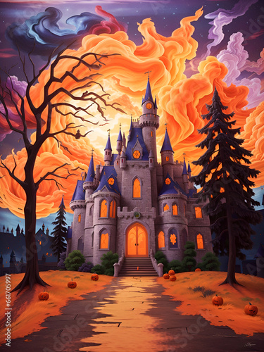 a painting of a castle with pumpkins and bats © Melange Creative