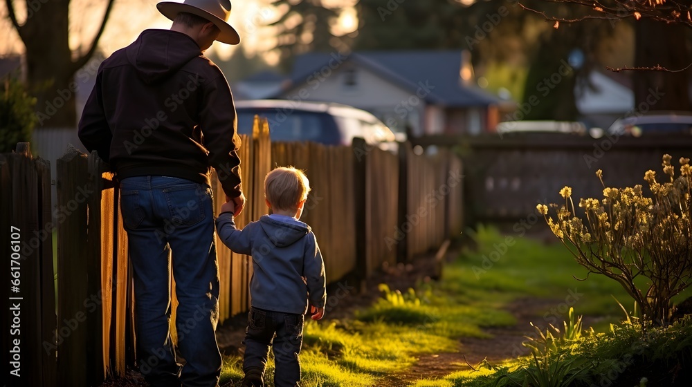 Father-Son Moments: Strolling Hand in Hand in the Backyard Father-Son Moments: Strolling Hand in Hand in the Backyard