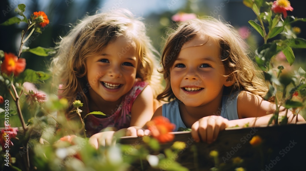 Fototapeta premium Joyful Kids: Bright Smiles Blossoming Amongst a Sea of Flowers