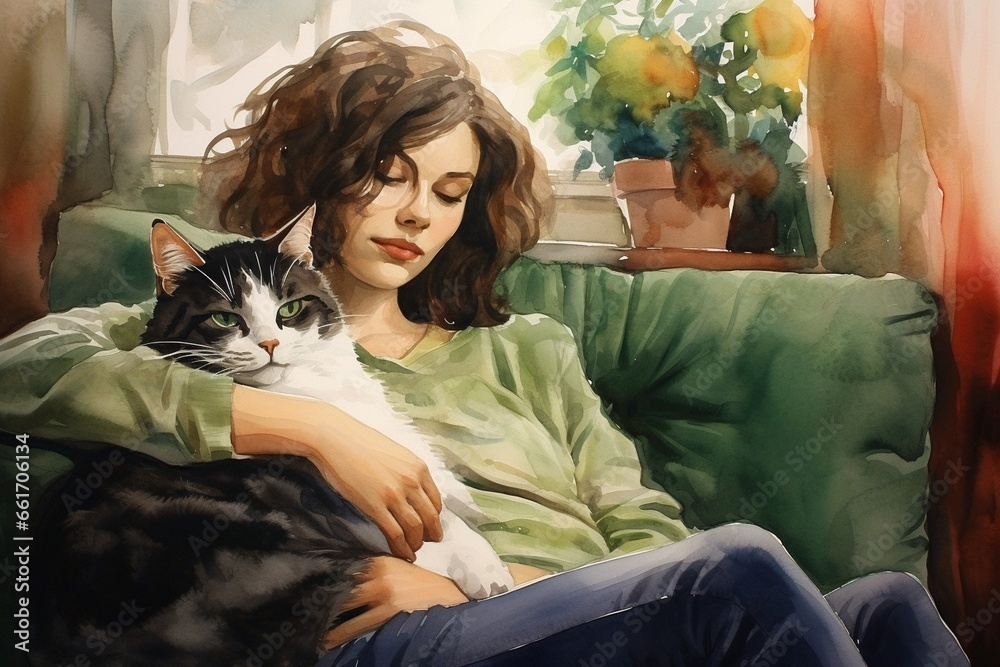 Generative AI : Watercolor Young woman wearing warm sweater is resting_ Generative AI : Watercolor Young woman wearing warm sweater is resting_