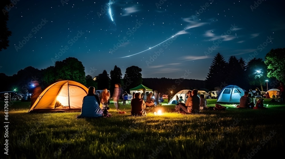 Starry Night Camping: People Nestled Among Tents Under a Clear Sky with Wisps of Clouds