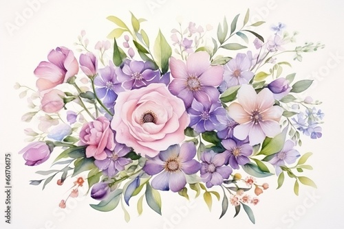 Generative AI   Bouquet of spring delicate watercolor flowers for wedding greeting card.