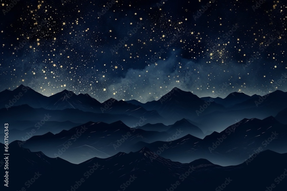 Generative AI : Abstract art landscape mountain starry night sky stars by golden line art texture