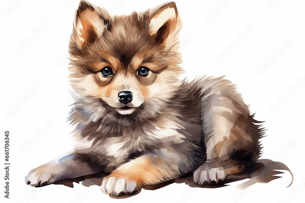 Generative AI : watercolor portrait painting illustrated dog puppy isolated on white background