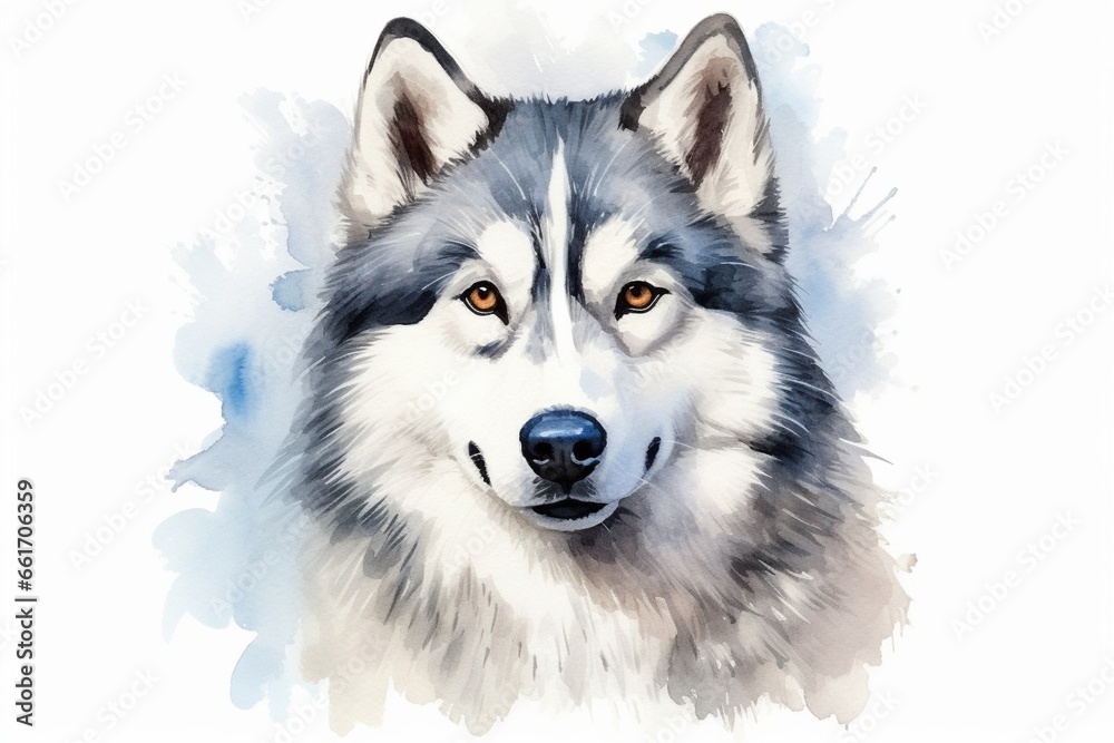 Generative AI : Siberian husky watercolor portrait painting illustrated dog puppy