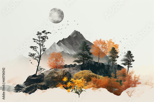 illustration AI de collage symbolique  de nature avec arbre roche sur fond blanc photo