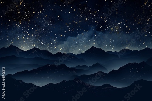 Generative AI : Abstract art landscape mountain starry night sky stars by golden line art texture