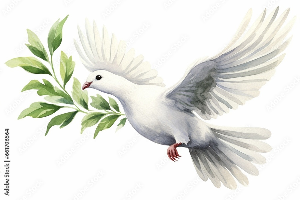 Fototapeta premium Generative AI : Flying white dove and olive branch watercolor illustration. 