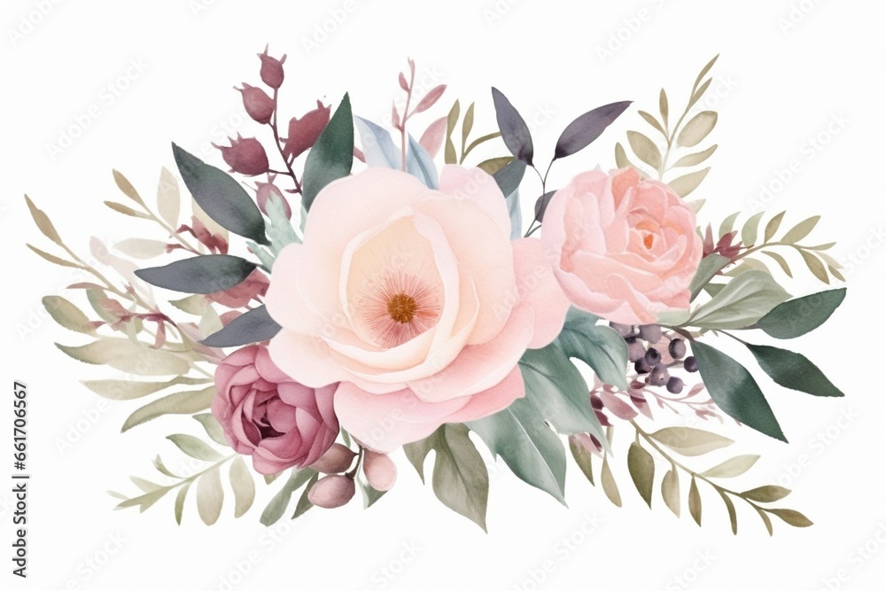 Generative AI : Dusty pink and cream rose, peony, hydrangea flower, tropical leaves vector garland wedding bouquet