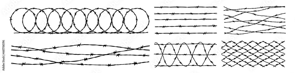 Set of barbwire fence backgrounds. Hand drawn vector illustration in sketch style. Design element for military, security, prison, slavery concepts - obrazy, fototapety, plakaty 