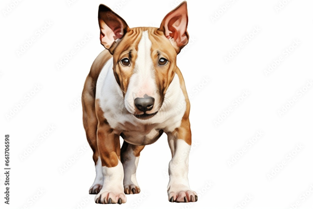 Generative AI : Miniature bull terrier watercolor portrait painting illustrated dog puppy isolated on transparent white background
