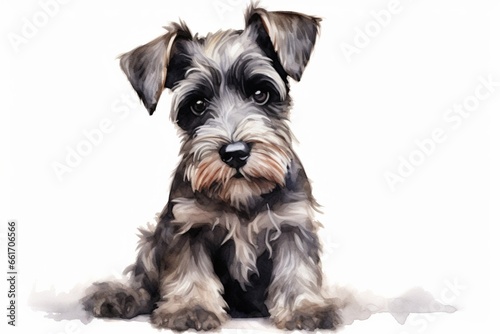 Generative AI : Miniture schnauzer watercolor portrait painting illustrated dog puppy isolated on white background