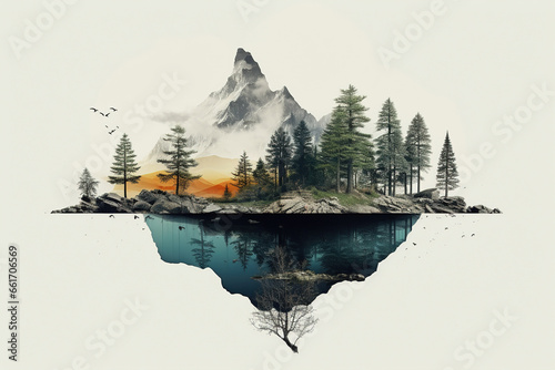 illustration AI de collage symbolique  de nature avec arbre roche sur fond blanc photo