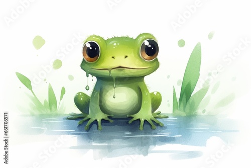 Generative AI   Cute green frog with a leaf watercolor illustration