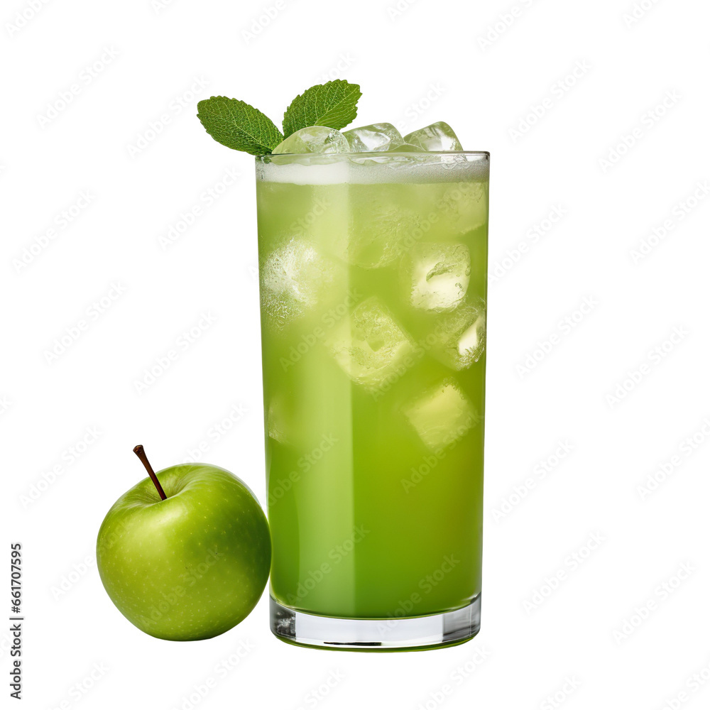 front view of green apple juice with ingredients isolated on a transparent white background front view of green apple juice with ingredients isolated on a transparent white background