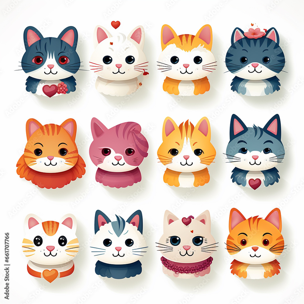 Set of cute cartoon cat stickers with different emotions. Vector illustration. Set of cute cartoon cat stickers with different emotions. Vector illustration.