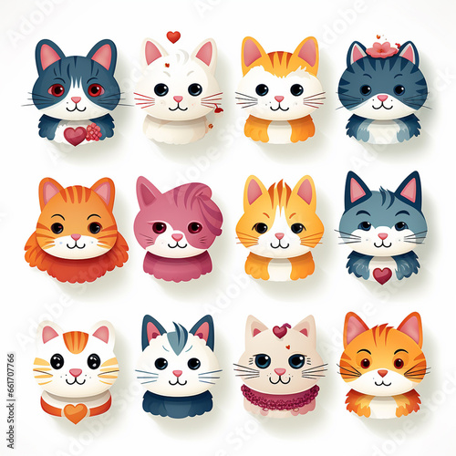 Set of cute cartoon cat stickers with different emotions. Vector illustration.