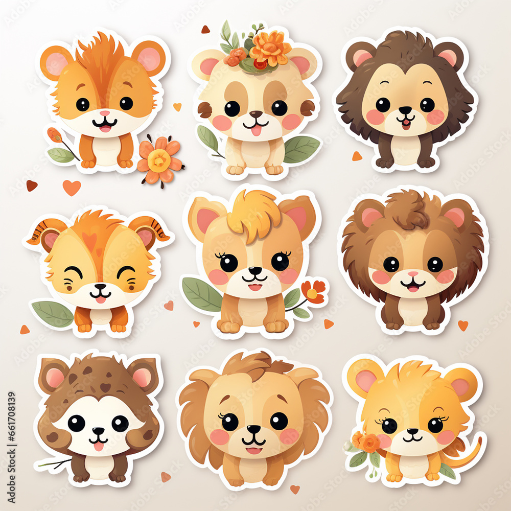 Fototapeta premium Cute cartoon animals stickers set. Vector illustration of cute animals.