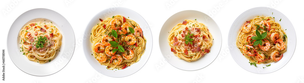 Spaghetti Carbonara and Aglio Olio Seafood on white bowl, top view with transparent background Spaghetti Carbonara and Aglio Olio Seafood on white bowl, top view with transparent background