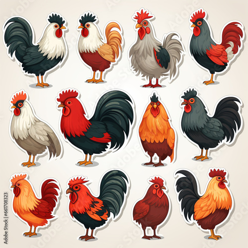 Cartoon roosters set isolated on white background. Vector illustration.